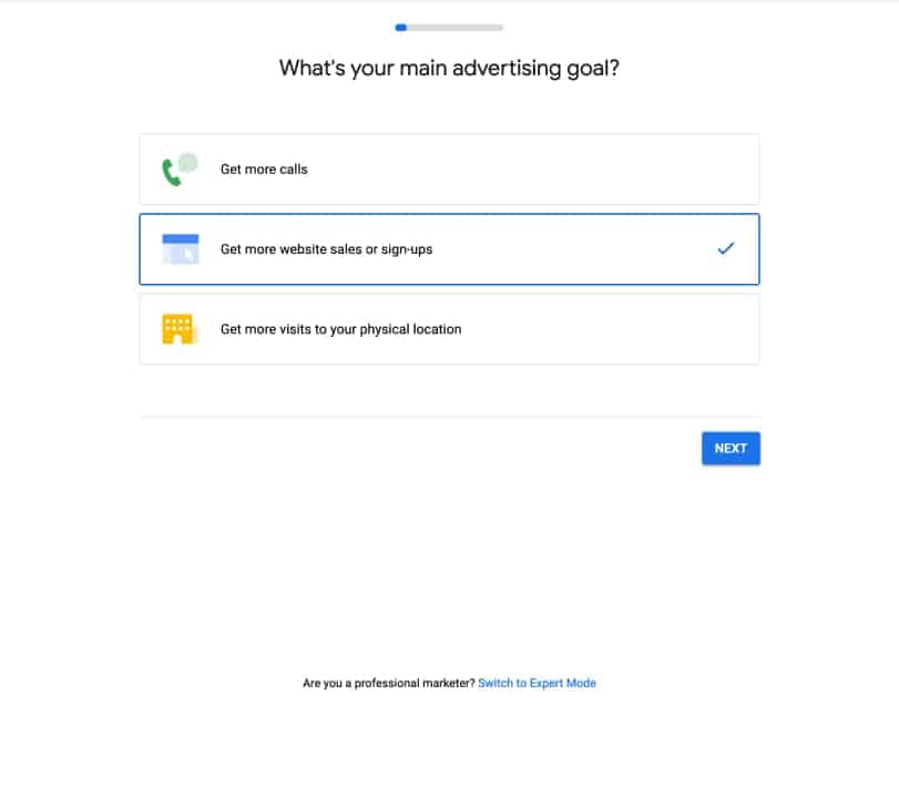 Google Ads Set Up Express mode - Step 1